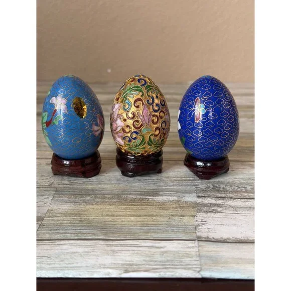 Set of 3 Asian Cloisonné Enamel Floral Eggs w/Wooden Stands Vintage Pre-owned - Picture 9 of 12